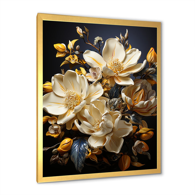 «Majestic Golden Yellow Magnolias I» sur toile, Cadre doré simple, H 40 po x l 30 po x P 1,5 po