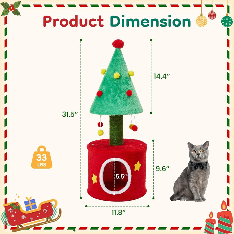 Tour d'arbre de Noël compacte avec poteaux en sisal, lit moelleux et cachette pour les petits espaces et les chats d'intérieur
