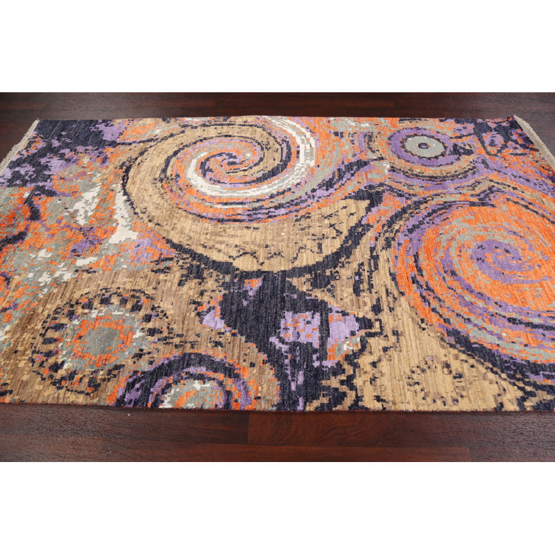 Tapis unique brun / mauve / orange noué à la main 5 pi x 8 pi 5 po New Age