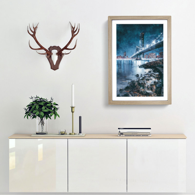 The Brooklyn Bridge in New York - Framed Print, 87cm H x 62cm W x 2cm D, Oak Framed