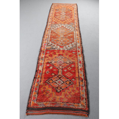 Handwoven Turkish Runner Rug With Red Geometric Design Ideal For Hallway And Bohemian Decor - Vintage Handmade 3x11 Ft Carpet