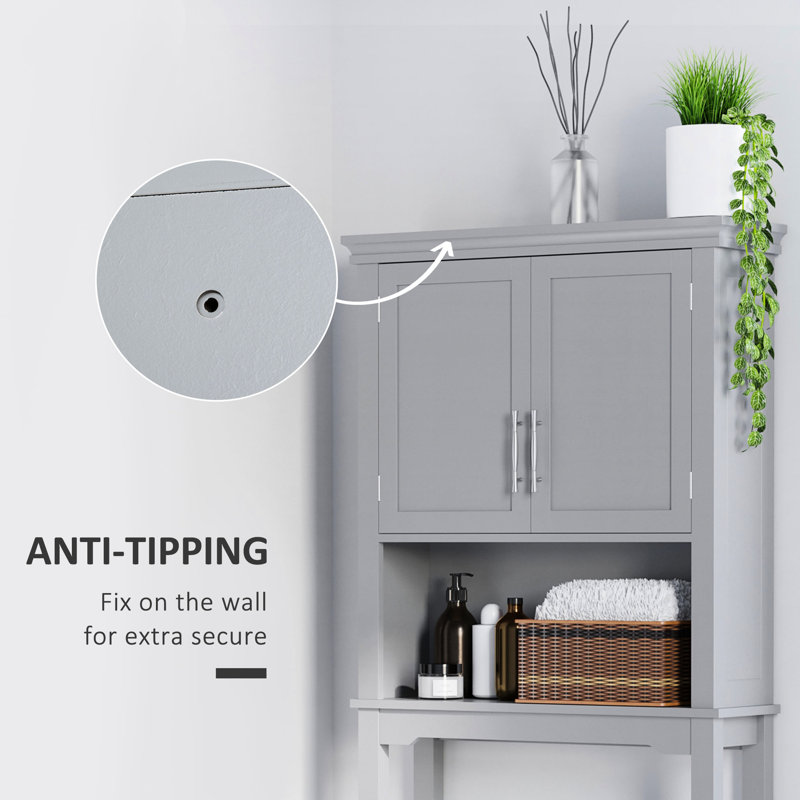 Armoire au-dessus de la toilette en gris, avec tablette réglable et rangement ouvert pour l'organisation de la salle de bain à double porte - fente grise