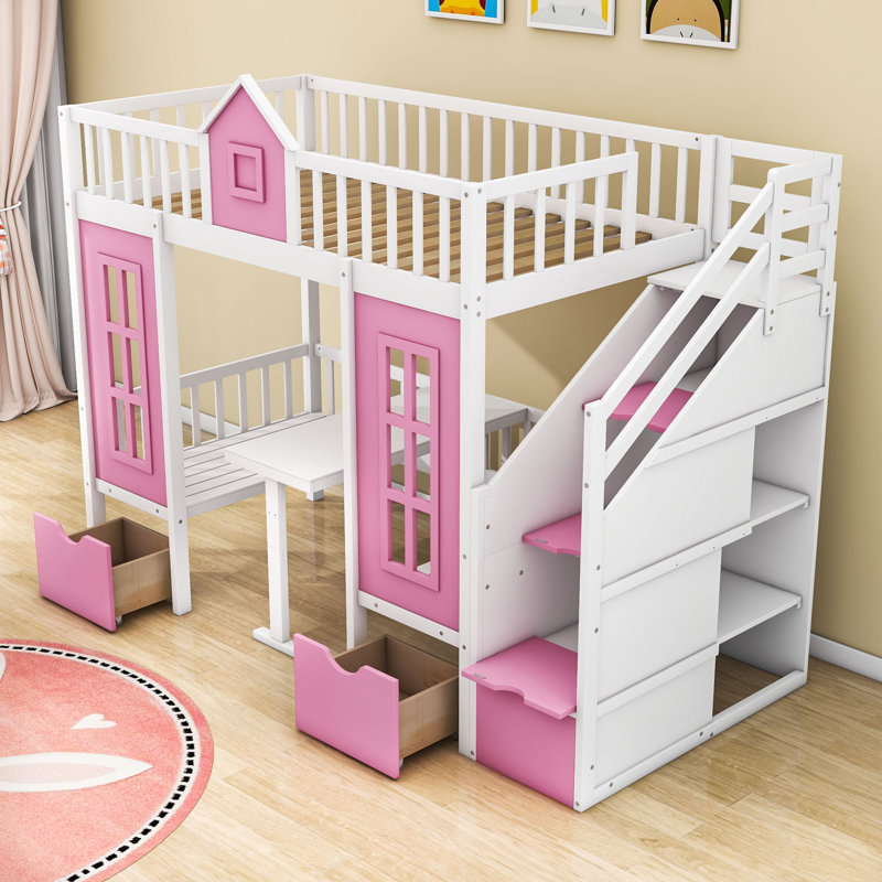 Habarugira 2 Drawer Bunk Bed with Shelves by Harriet Bee, Pink, Twin over Twin