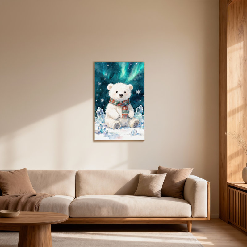 Ours polaire de Noël avec foulard et fond aurore, H 24 po x l 16 po