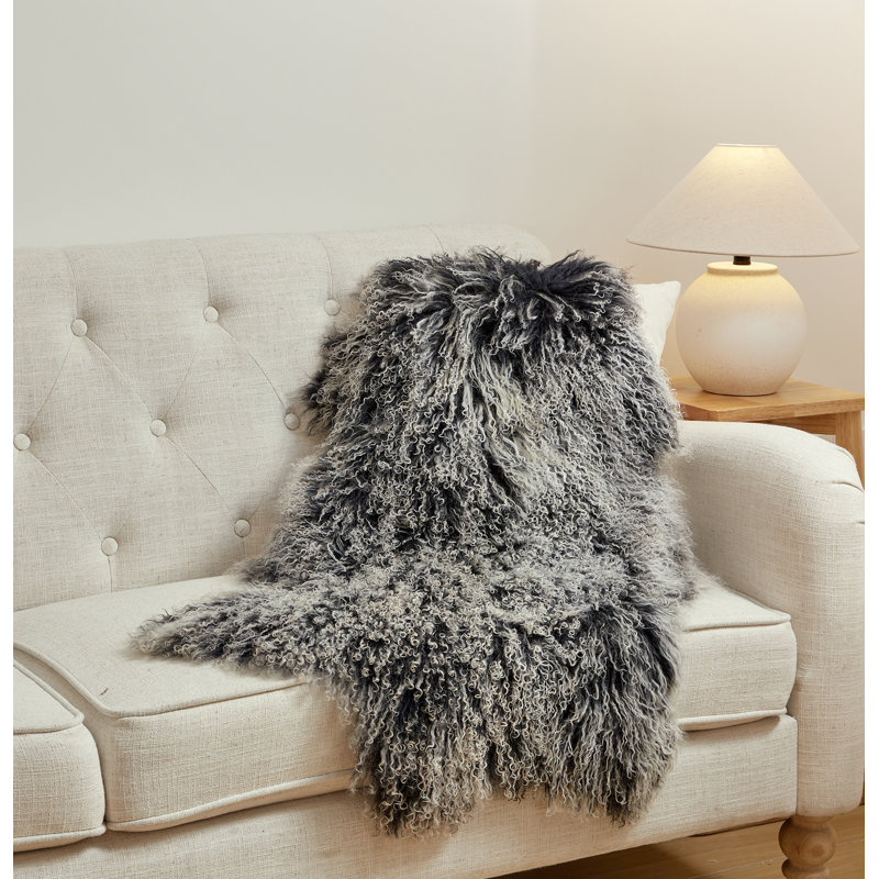 MONGOLIAN LAMB Sheepskin Throw Blanket, Black