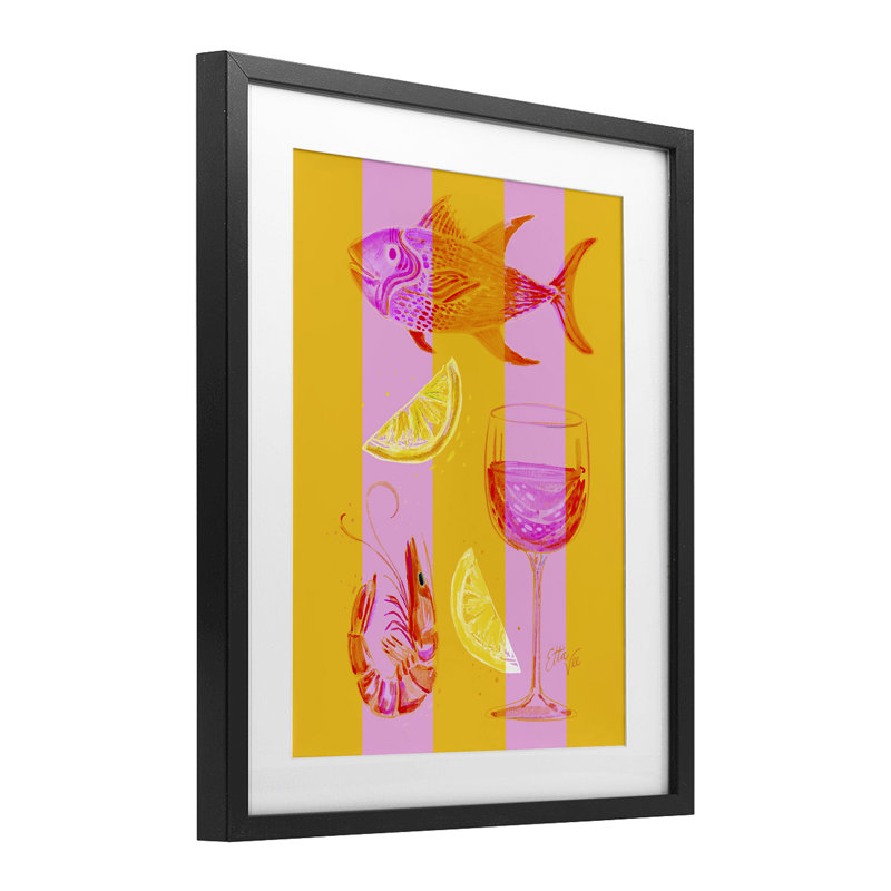 Été, fruits de mer sur rayures, reproduction sous verre, conception par EttaVee, Cadre noir minuit, H 16 po x l 13 po