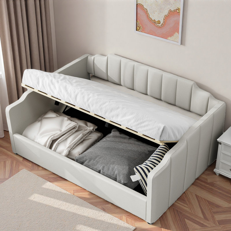 Upholstered Daybed With Underneath Storage And Vertical Striped Design, Beige