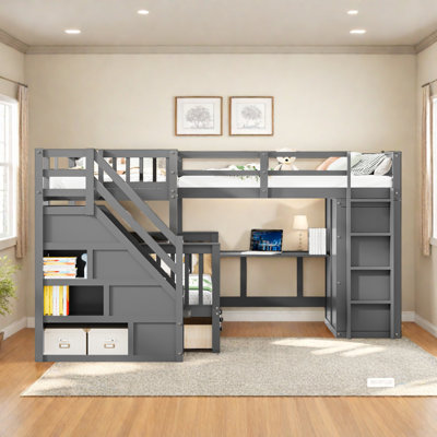 6 Drawers Twin Over Twin Over Full L-shaped Bunk Bed With Stairs, Desk And Armoire