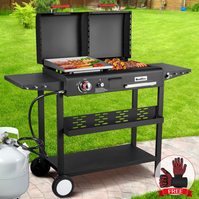 Combinaison de gril au propane et au charbon noir à double carburant - Gril à toit plat de 32 700 BTU avec 2 tablettes latérales, plaque chauffante amovible et roulettes verrouillables pour le barbecue en plein air, la cour arrière et la fête d'avant