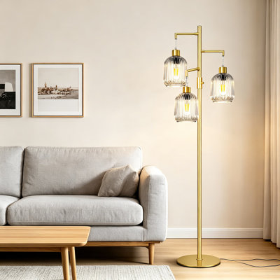 Modern Standing Lamp For Living Room, Floor Lamp With Clear Ribbed Glass Shade, Dimmable Tree Lamp, Mid Century Tall Lamp With 3 Dimmable LED Bulbs