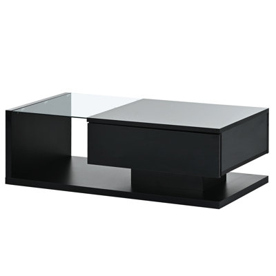 Mercer41 Tempered Glass Coffee Table For Living Room, Modern Wooden With High-gloss Finish And Deftly Manufactured Drawer Glass, Cocktail Surface Storage