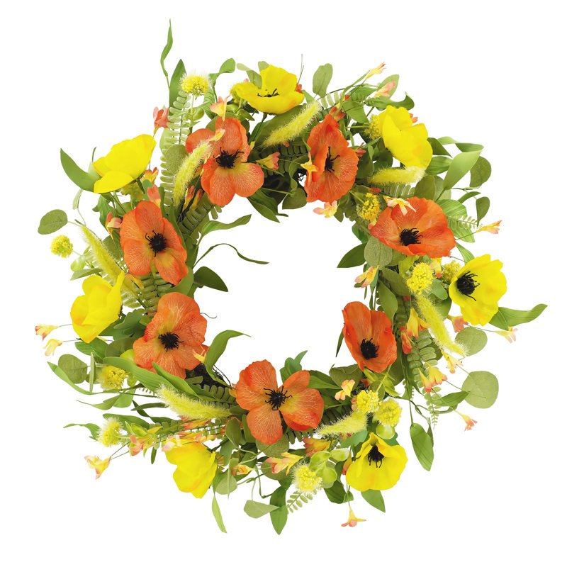 Couronne de printemps 22 po jaune et orange coquelicot