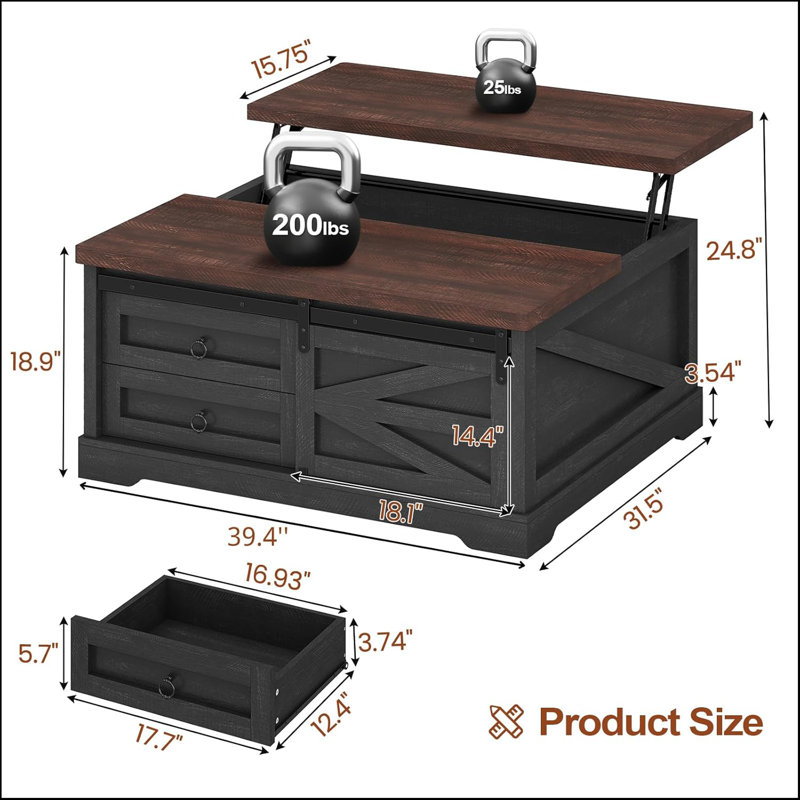 Table basse à plateau relevable de 39,4 po avec rangement, tables basses de ferme pour le salon, Noir, Walnut