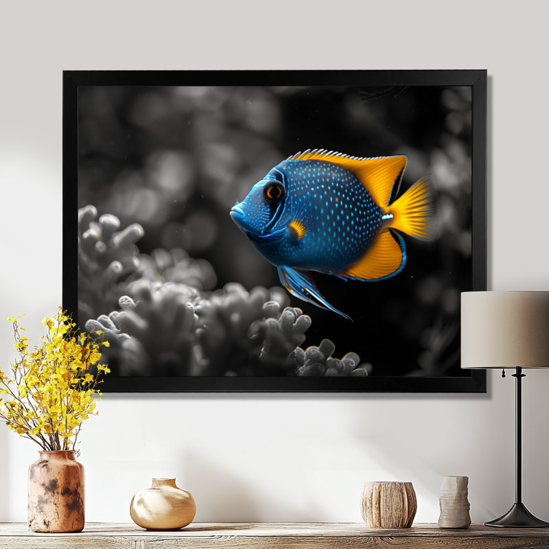 «Blue Aquariums Oceanic Oasis Fish I», reproduction d'art mural aquariums, Cadre flottant blanc, H 34 po x l 44 po