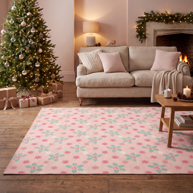 Tapis de Noël Amasya de style vintage crème et rose, antidérapant, à poils courts, pour l'intérieur et l'extérieur, idéal pour les animaux de compagnie, salon, chambre, salle à manger, entrée, couloir, bureau, tapis de Noël, paillasson de fête, tapis saisonnier lavable