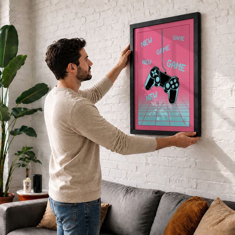 Neon Game Controllers Retro - Framed Print, A2 - 59.4 x 42.0 cm, Oak