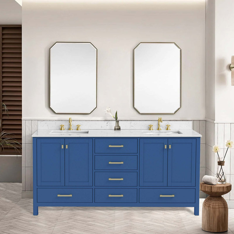 Meuble-lavabo en bois massif avec rangement moderne et tiroirs à fermeture en douceur, Blue/Gold, 72"