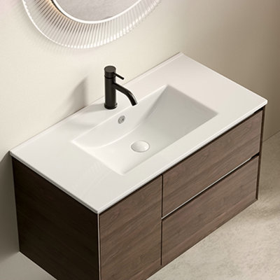 Lavabo vasque de salle de bain 36 po, comptoir de meuble-lavabo en céramique avec trop-plein, sans trop-plein, pratique pour ranger des objets personnels - blanc brillant