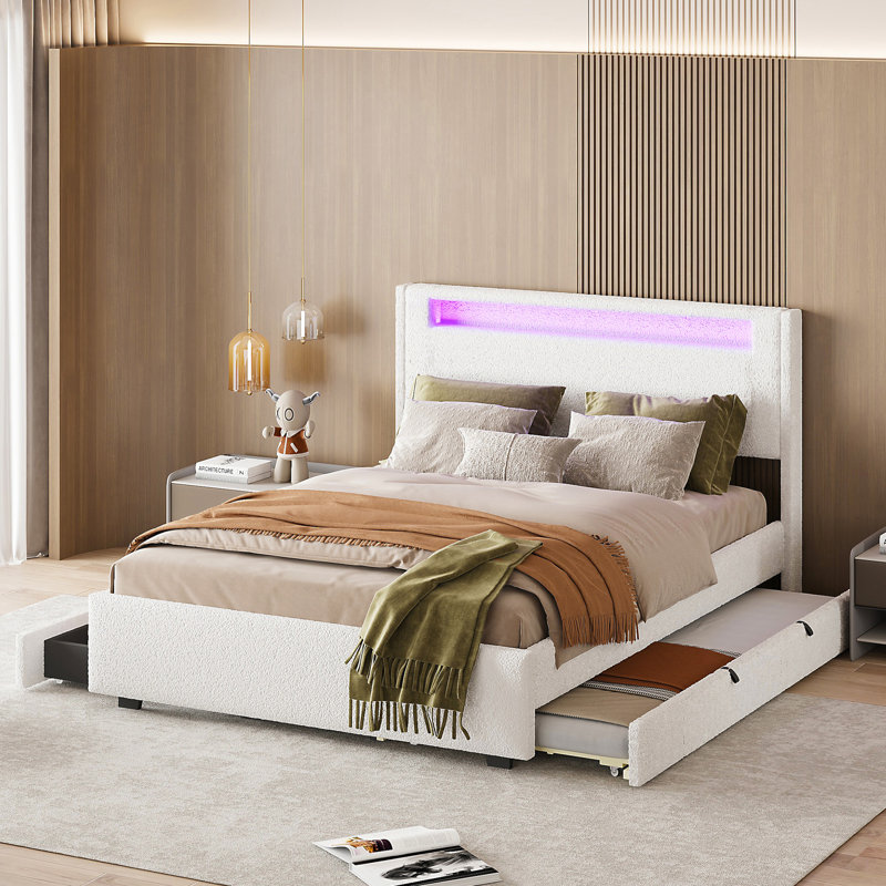 Lit plateforme tapissier Jomana, Double, Blanc