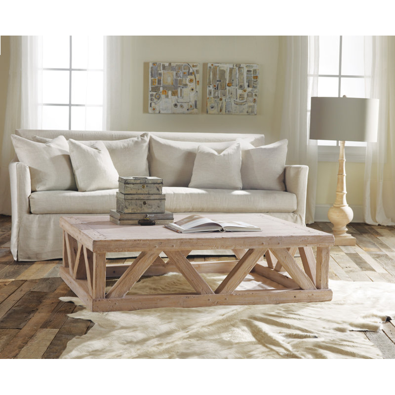 Architectural Solid Wood Cocktail Table, 15" H x 54.75" L x 42.5" W