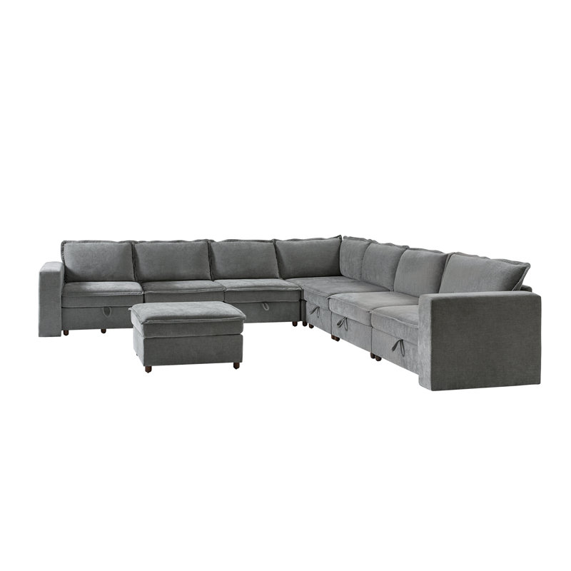 Bessette 136" 8-Piece Modern Chenille Storage Sectional Sofa Removable Cover, Gray Polyester/Chenille
