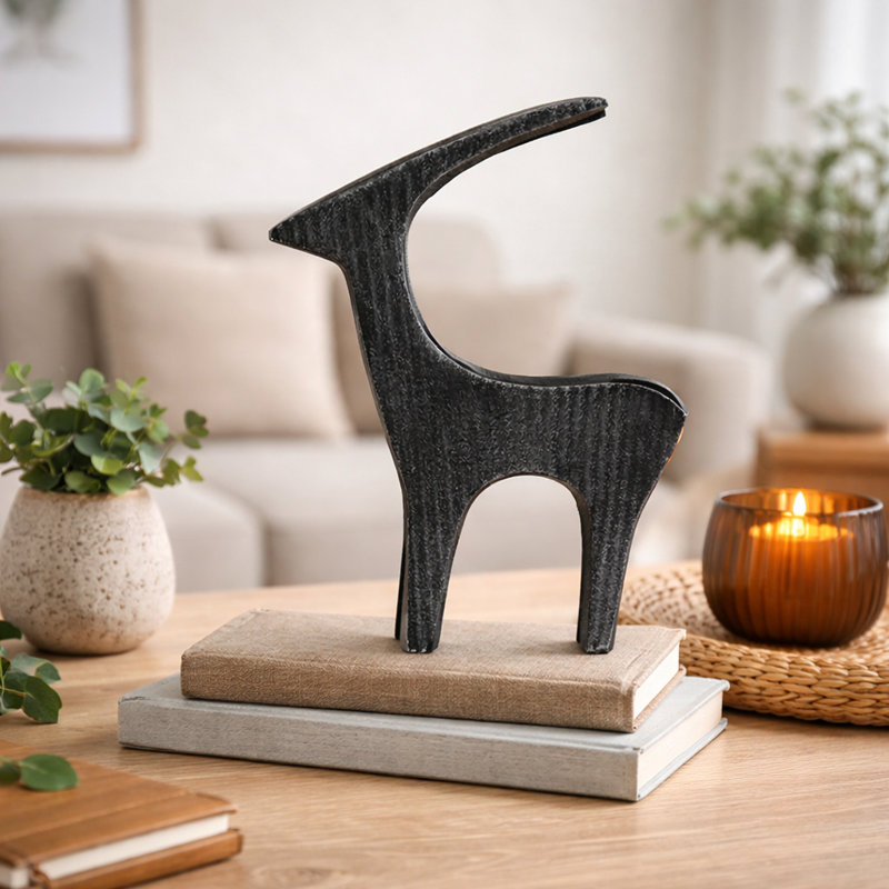Sculpture de cerf noir Christyonna - figurine d'animal de table contemporaine en aluminium, 7 x 1,5 x 7 po