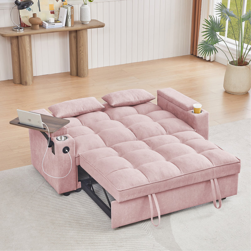 Pink Chenille Loveseat Sleeper Sofa Bed With Storage Armrest