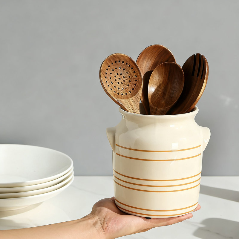 Porte-ustensiles de ferme pour comptoir, pot à ustensiles rustique (beige)