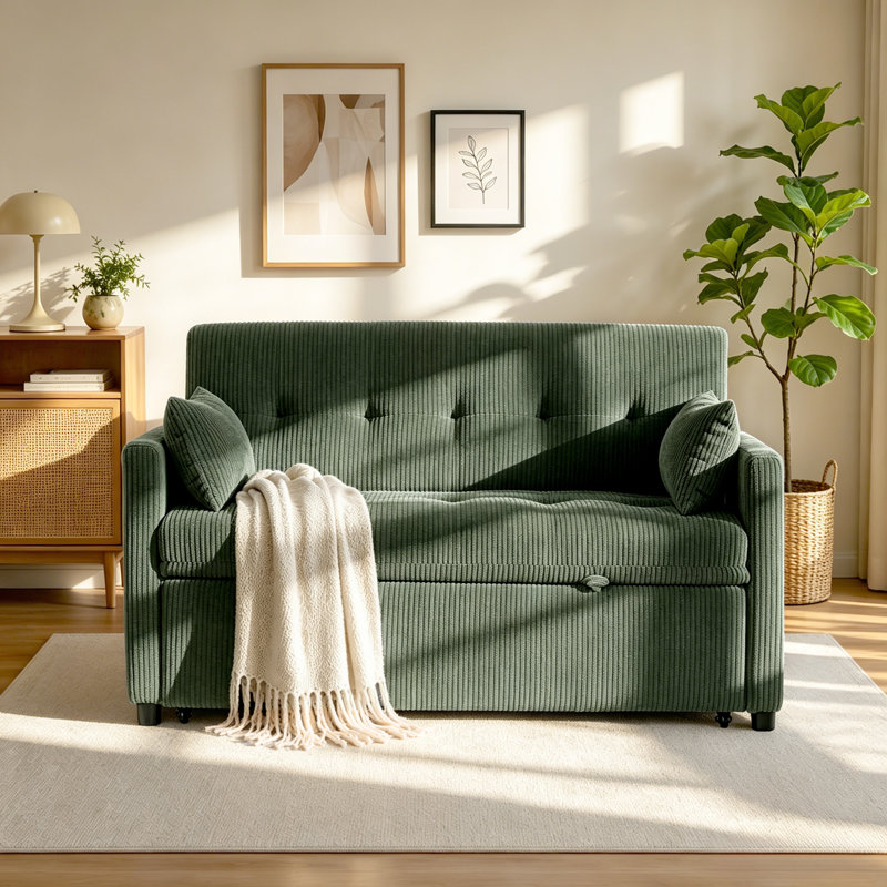 53"Sofa Bed, 3-in-1 Loveseat Sleeper Sofa with Pull Out Bed, Pockets and USB, Modern 2 Seater Convertible Small Couch for Living Room Bedroom Apartment,Corduroy Comfy Couches,Green