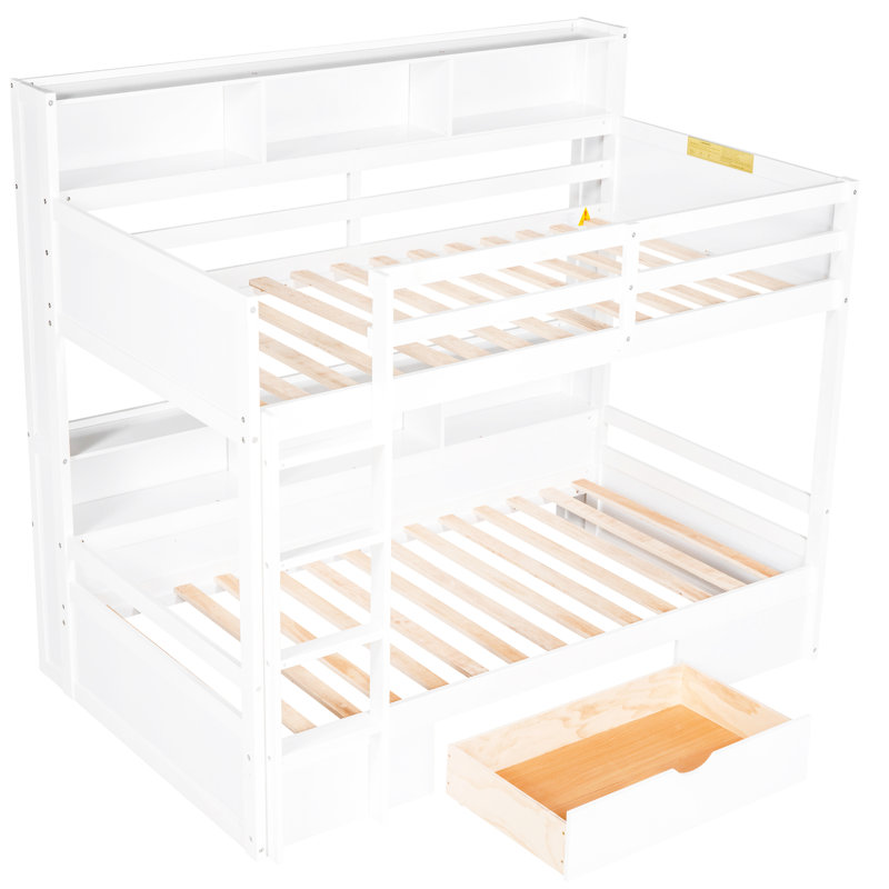 Lit superposé simple en bois de pin blanc avec tiroir de rangement et tablettes intégrées, facile à assembler pour les chambres à coucher avec tiroir