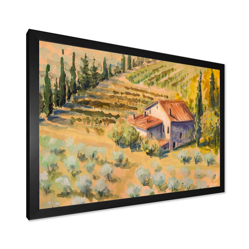 Petite ferme à la campagne - Peinture sur toile, H 12 po x l 20 po x P 1,5 po, Toile avec cadre noir