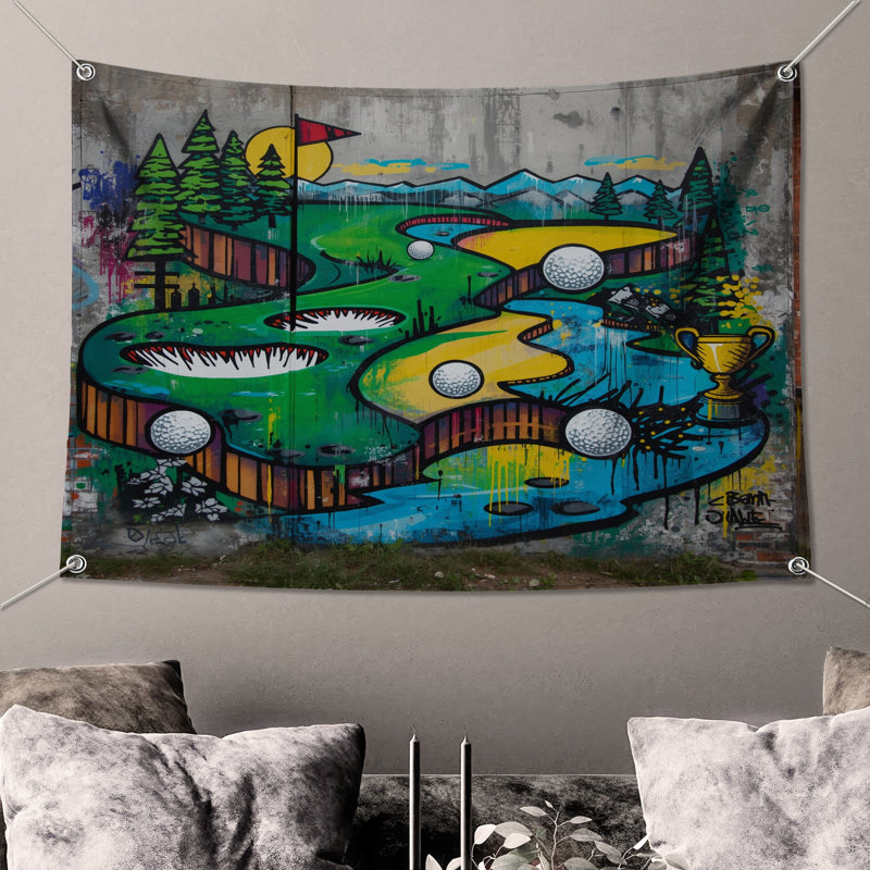 Golf Course Graffiti Wall Tapestry - Golf Wall Decor, 68in H x80in W with 4 Grommets