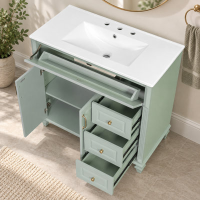 35.94 Inch Green Bathroom Vanity Cabinet with Ceramic Sink, Solid Wood, Flip Drawer, 3 Drawers and 2 Doors