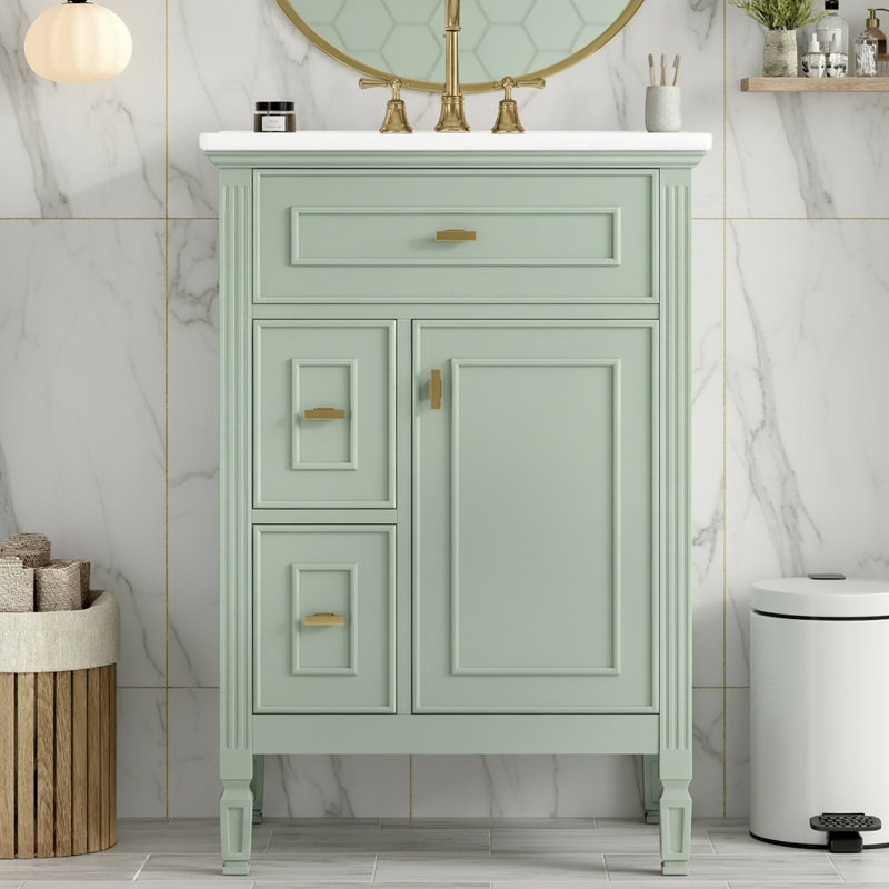 24" Single Bathroom Vanity With Sink, Solid Wood Frame, Soft Close Flip Drawer, Two Drawers, Pre Drilled Faucet Holes, Easy Assembly