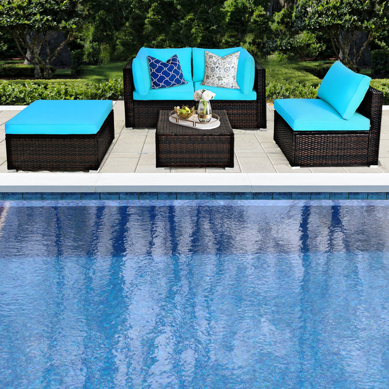 Awar 5 - Person Patio Conversation Set with Cushions, Turquoise
