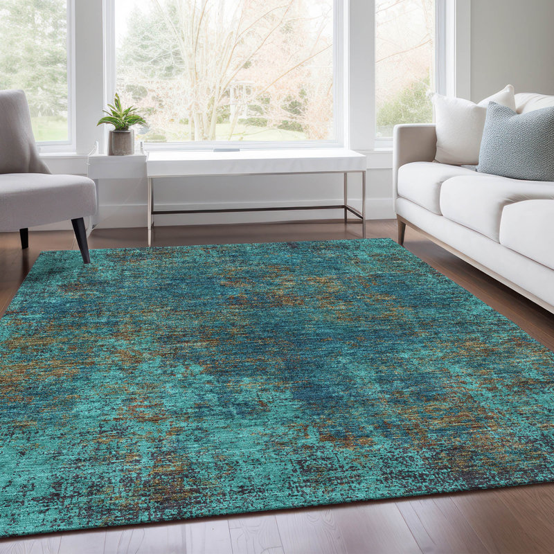 Tapis bleu sarcelle lavable à la machine de qualité supérieure Prisco, Rectangle 2 pi 6 po x 3 pi 10 po