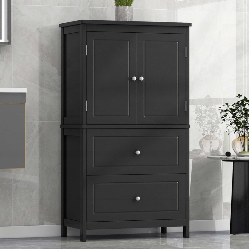 Armoire de salle de bain autoportante de 43 po de hauteur avec tablette réglable et tiroirs, Noir, noir, noir, noir