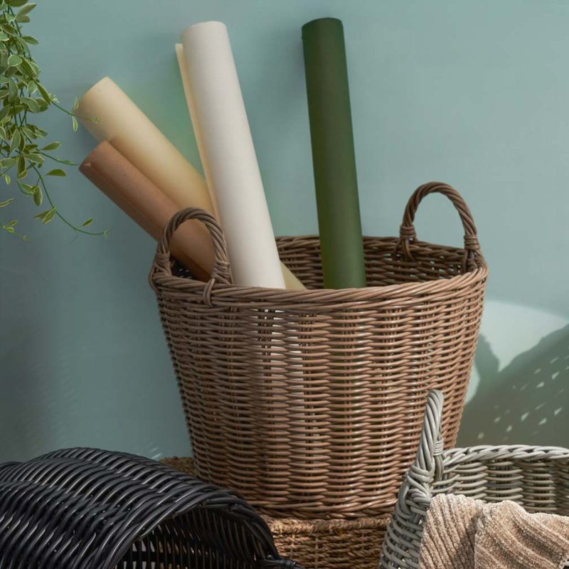 Round Cone Woven Resin Wicker Basket with Handles, Walnut , 10.5" H x 16" W x 16" D