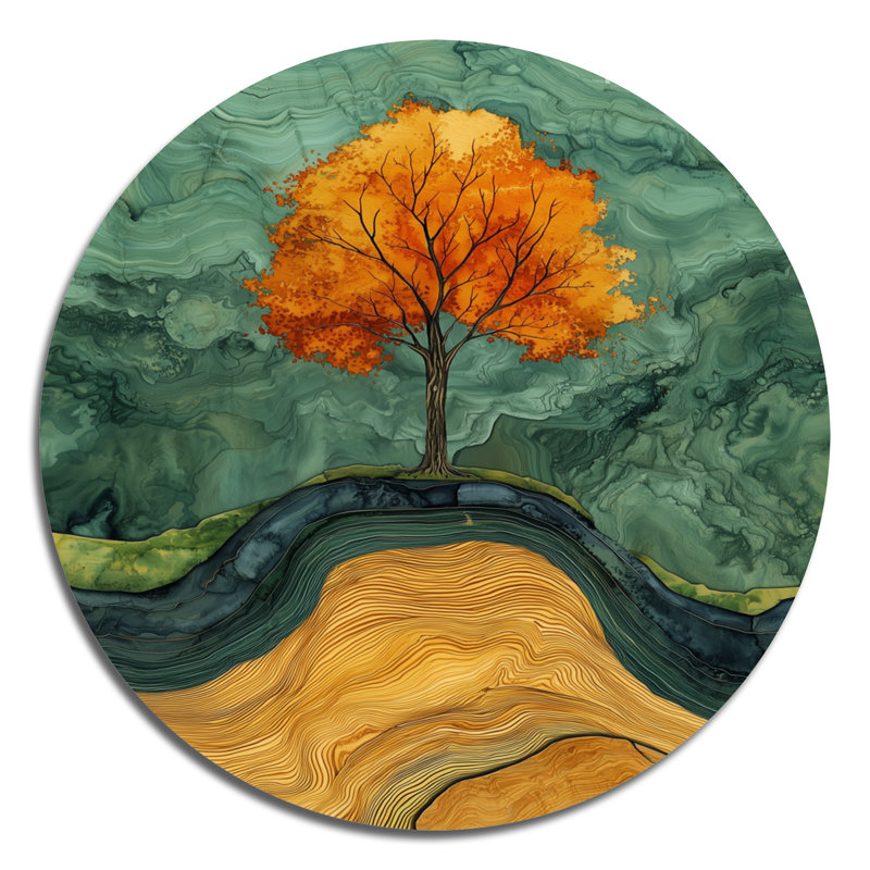 Nature bouleau avec des racines de sérénité I - impression d'art moderne orange métallique, H 23 po x l 23 po