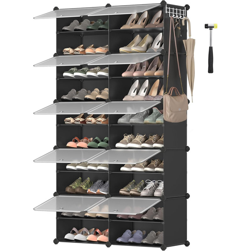 Interlocking Shoe Rack, Plastic Shoe Storage Cabinet, 10-Slot Modular Storage Organizer Unit, 11.8 X 15.7 X 11.8 Inches For Each Slot, With Doors, Steel Frame, Plastic Panel