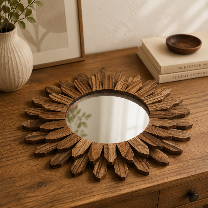 Miroir mural rustique en bois de 30 cm, style bohème effet soleil