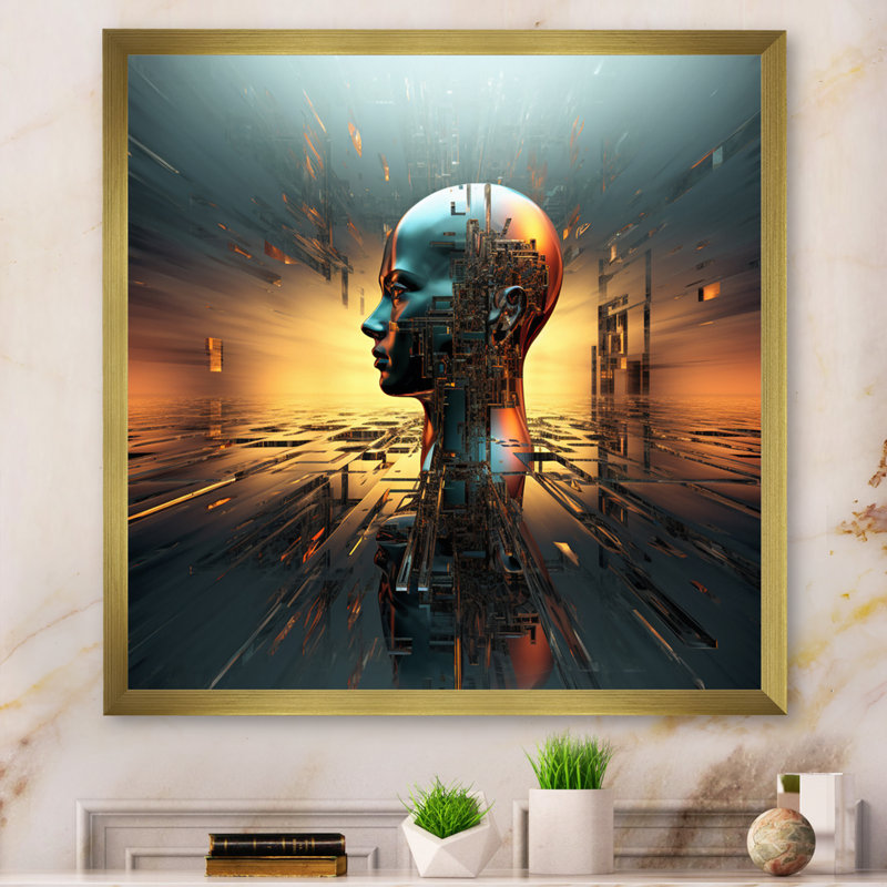 «AI Robot Dreams Of Singularity» sur impression sur toile, H 16 po x l 16 po x P 1 po, Cadre doré à une seule photo
