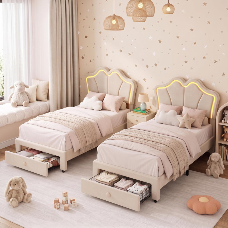 Ensemble de 2 cadres de lit simple avec rangement, cadre de lit tapissier à DEL avec tête de lit, joli cadre de lit plateforme en velours pour enfants, filles, support de lattes de bois, aucun sommier nécessaire, assemblage facile, blanc