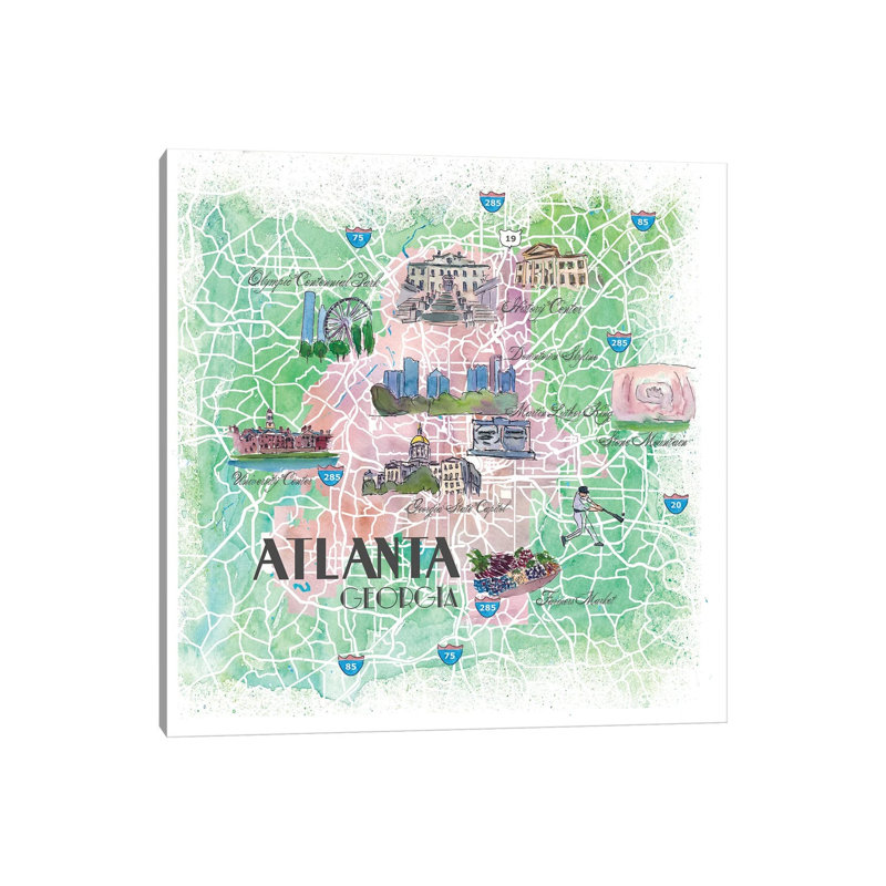 Atlanta Georgia USA Illustrated Map by Markus & Martina Bleichner - Painting on Canvas, Wrapped Canvas
