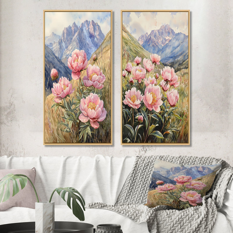 Pivoines dans la vallée balayée par le vent - art mural floral 2 pièces, H 28 po x l 25 po, Impression encadrée flottante