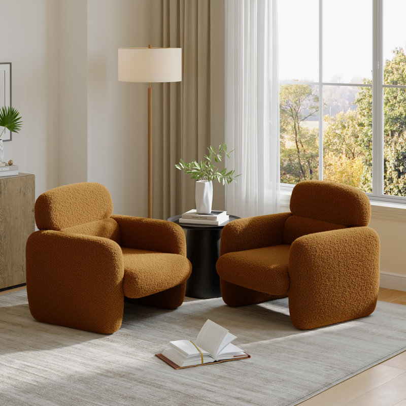 Ensemble de 2 chaises d'appoint modernes en lin, fauteuils pour animaux avec support lombaire ergonomique et structure en bois massif, capacité de 330 lb pour le salon, molleton d'agneau brun
