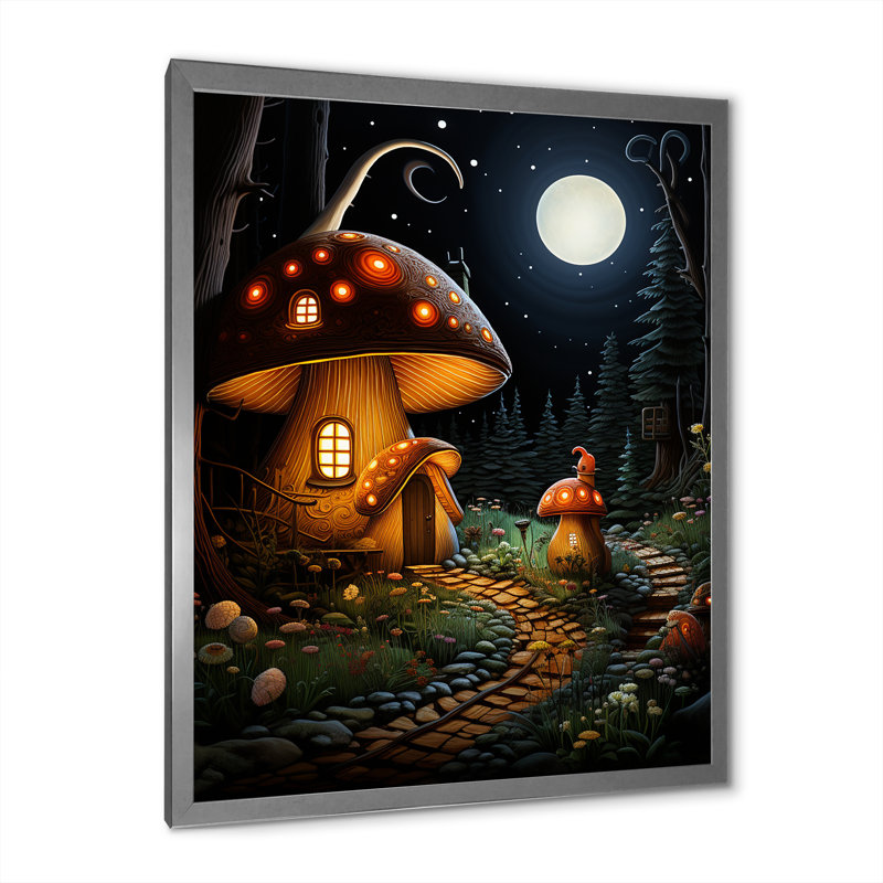 Mushroom Fantasy Landscape - Art mural paysage, Cadre simple argenté, H 32 po x l 16 po x P 1 po