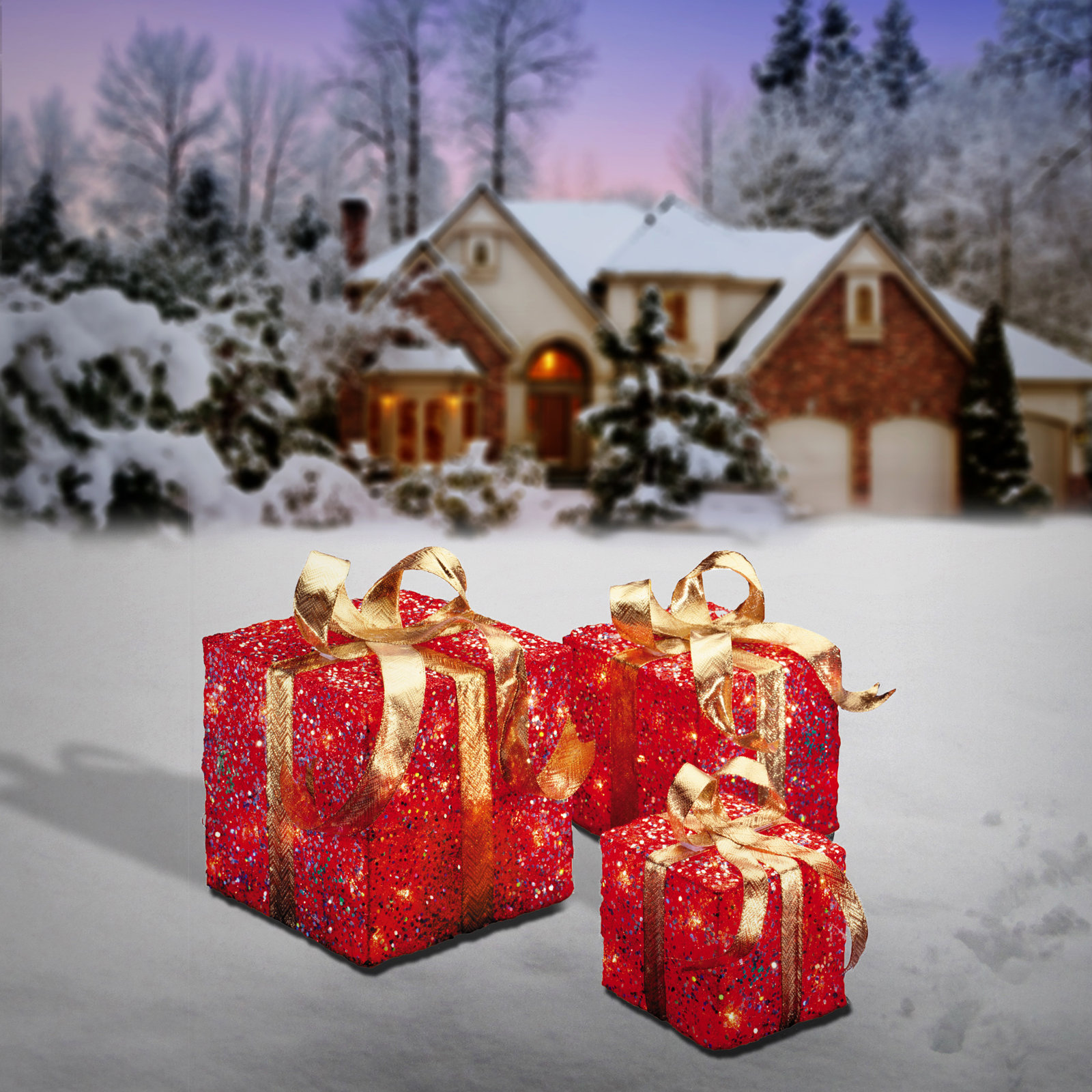 Pre-Lit Sisal Gift Box Set, Red with Gold Bows, 10.6" H x 10" W x 10" D