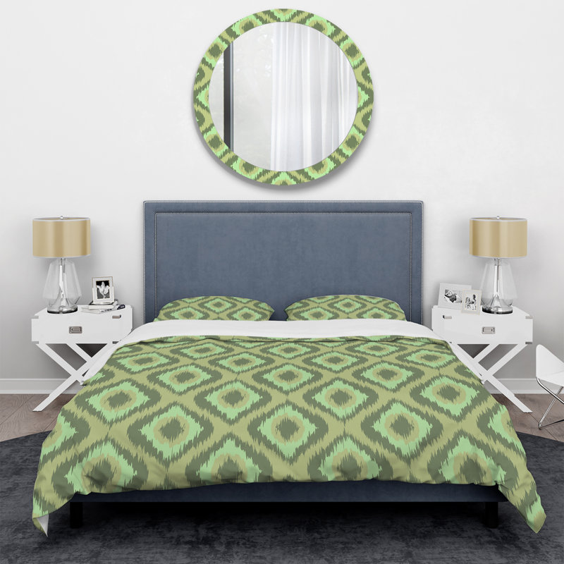 Green Ikat Ogee - Ensemble de housse de couette abstrait - Microfibre de polyester