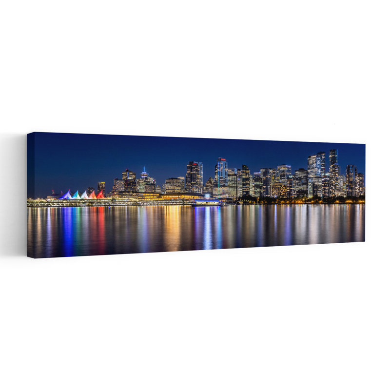 «Vibrant City Night Reflections Colorful Modern Tranquil Architecture City», art mural, H 12 po x l 36 po